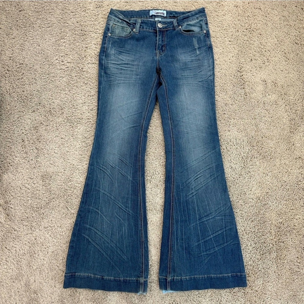 Wurl Jeans Womens Size 7 Blue Washed Distressed Flared Denim Y2K 5 Pocket Pants